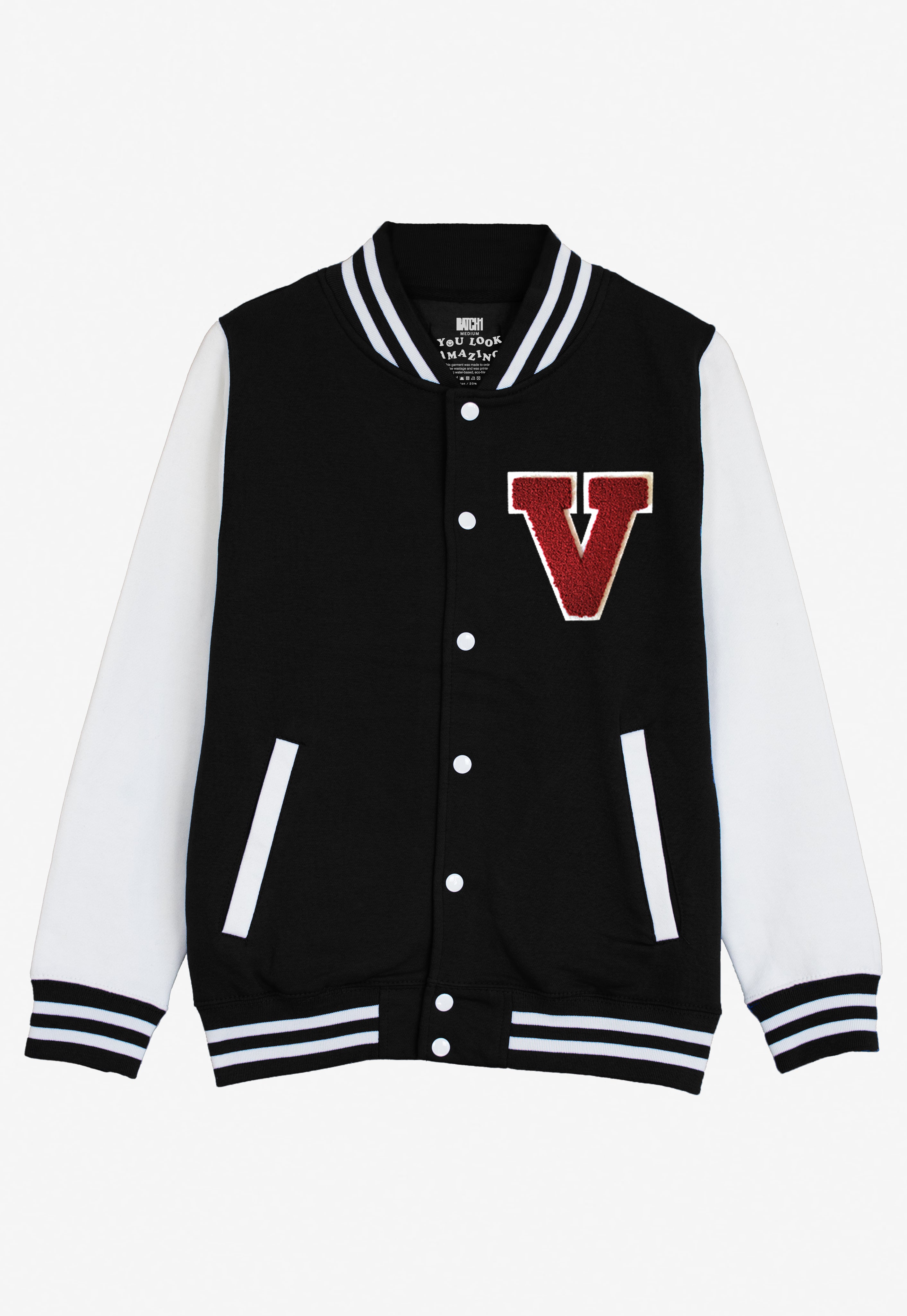VARSITY BASEBALL JACKET UNISEX PERSONALISED WITH GENUINE US COLLEGE LETTER V