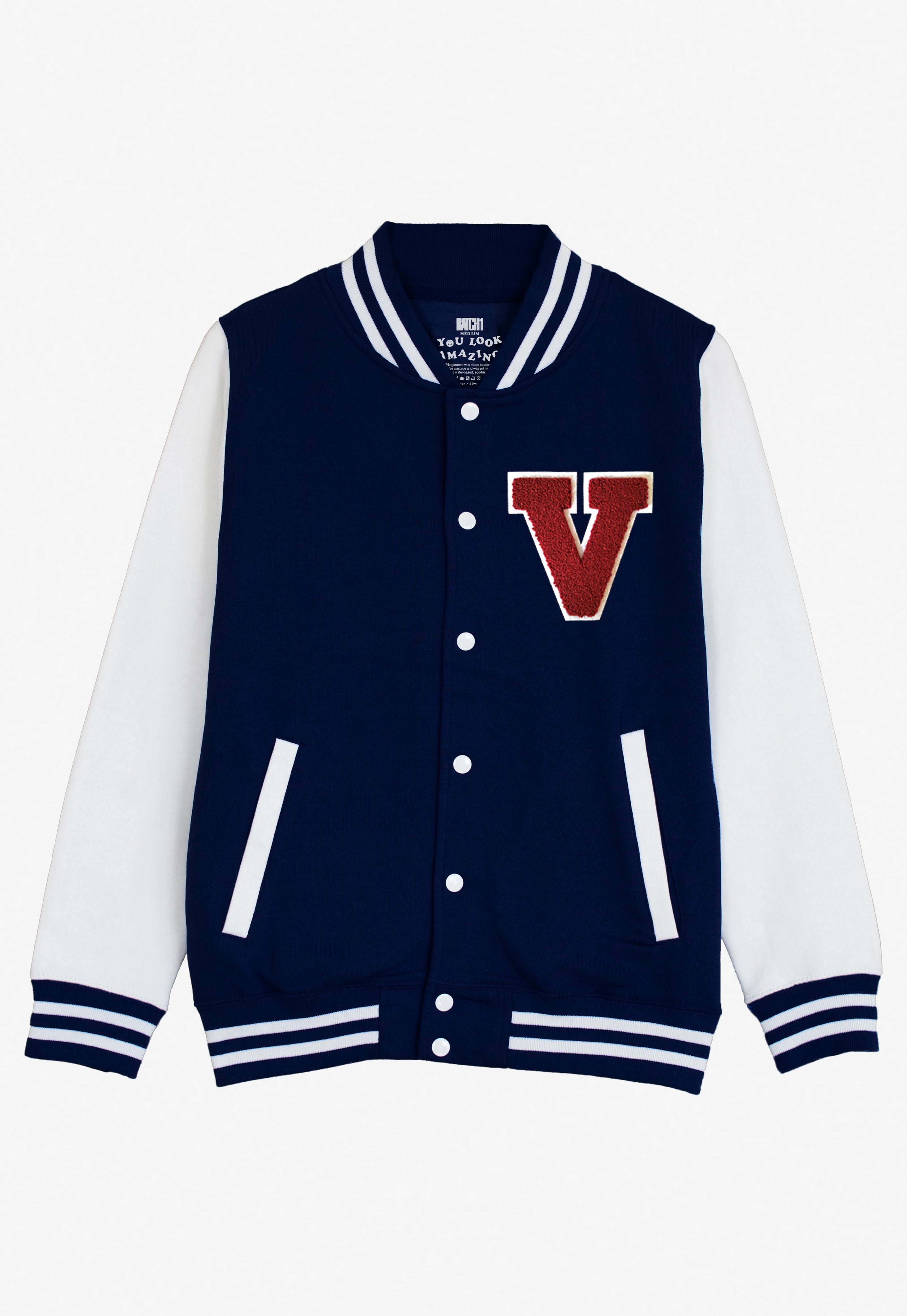 VARSITY BASEBALL JACKET UNISEX PERSONALISED WITH GENUINE US COLLEGE LETTER V