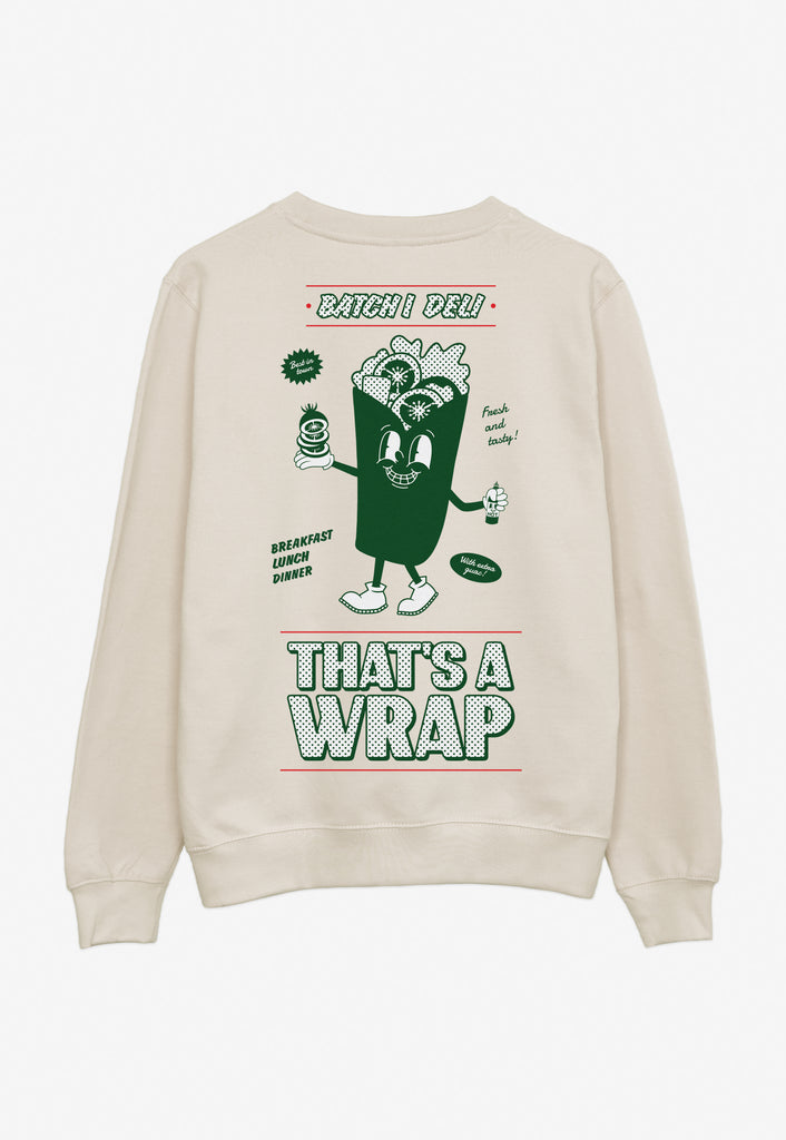cream sweatshirt with large back print showing Batch1 Deli logo and large vintage style wrap character mascot