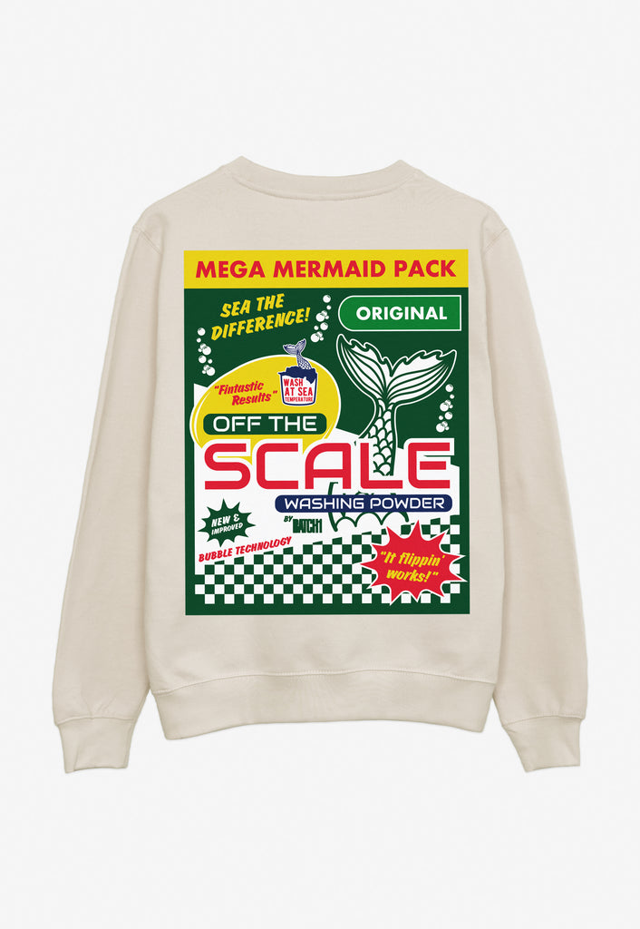 cream coloured sweater with large back print graphic of retro mermaid washing powder box