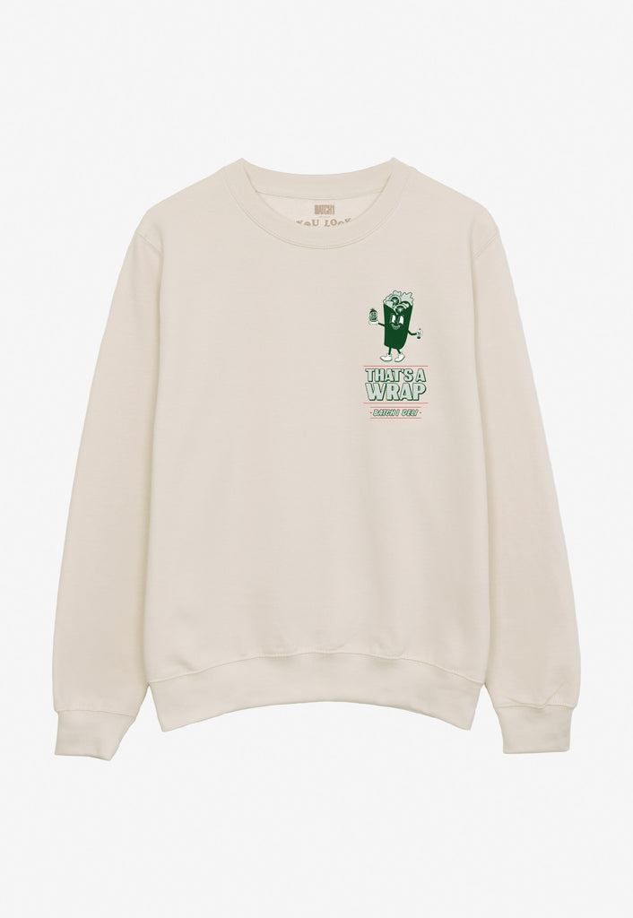 cream sweatshirt with small printed Batch1 Deli logo and wrap sandwich character