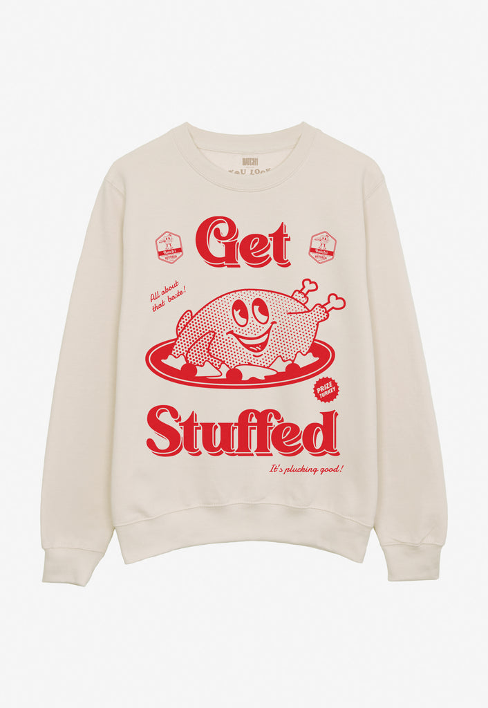 Funny Christmas jumper in cream with turkey mascot and Get Stuffed slogan in red print