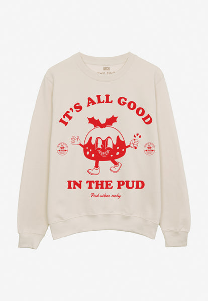 Cream Christmas jumper with pudding character graphic and funny slogan in red print