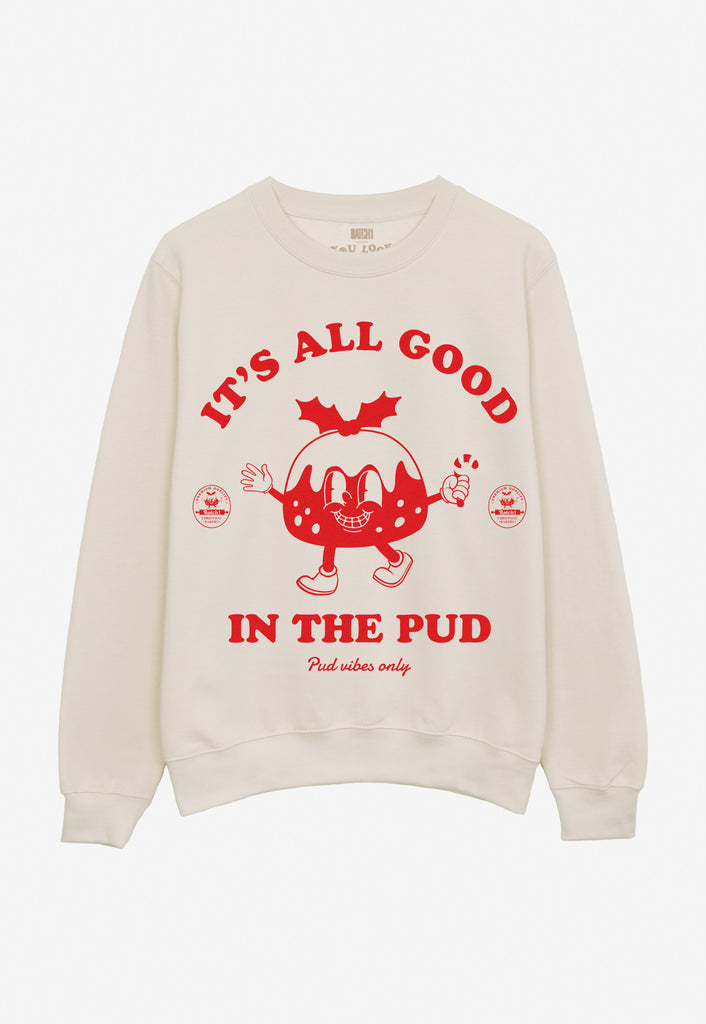 Cream Christmas jumper with pudding character graphic and funny slogan in red print
