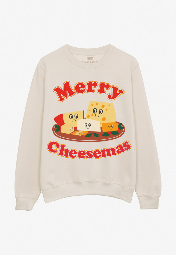 novelty christmas jumper in cream with cheese board characters and merry cheesemas slogan