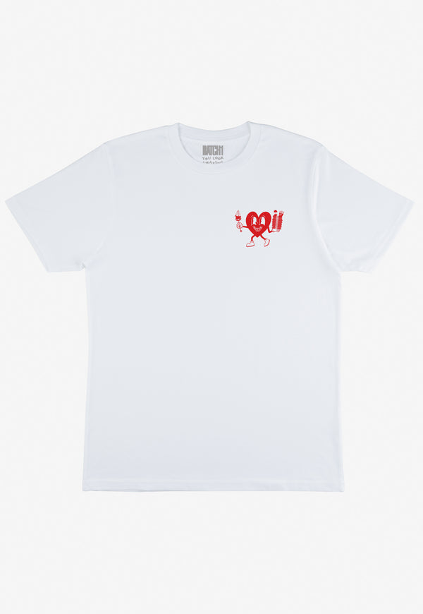 graphic love heart character on white t-shirt with small logo on the front by batch1