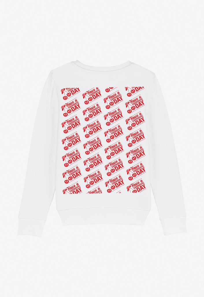 children's white sweatshirt with red printed repeat pattern cherries logo on back 