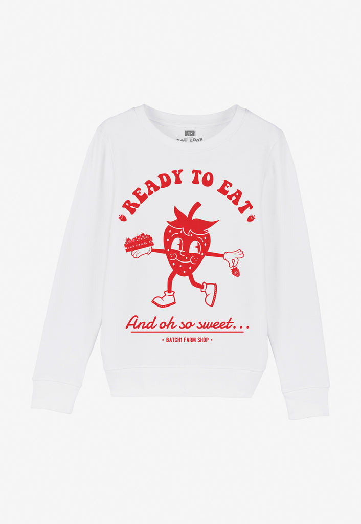 children's white sweatshirt with red printed strawberry character and fun slogan