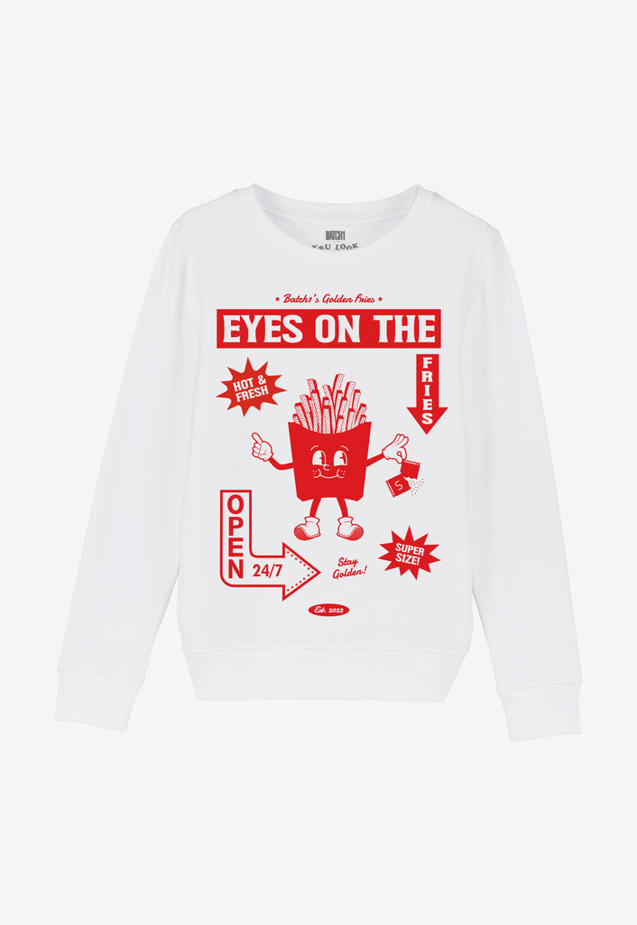 White sweatshirt with eyes on the fried slogan fries character in vintage style 