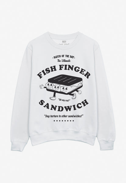 Flatlay of fish finger sandwich slogan sweatshirt