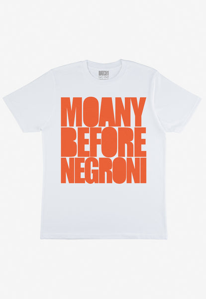 Crew neck white t shirt with statement Negroni cocktail slogan in orange print
