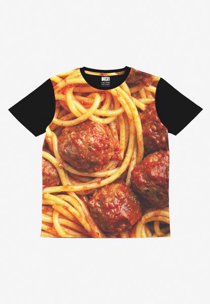 children's t shirt with black sleeves and neckline and funny high impact all over digital spaghetti and meatballs print