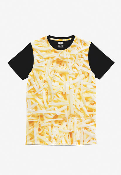 Grated cheese all over photo print tshirt with black sleeves 