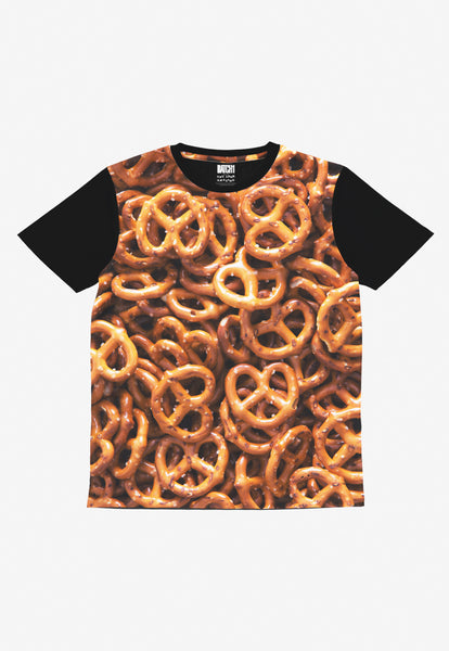 Kids all over pretzel photo print tshit with black sleeves