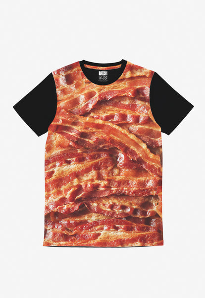 bacon digital photo print tshirt with black sleeves 