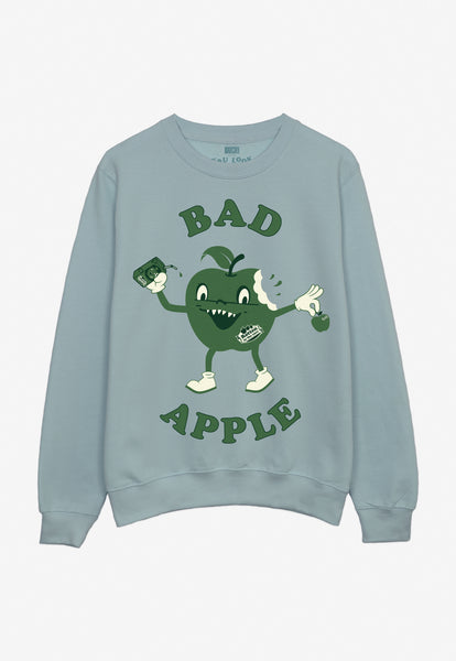 pastel green graphic printed sweatshirt with vintage style cheeky apple character and bad apple slogan