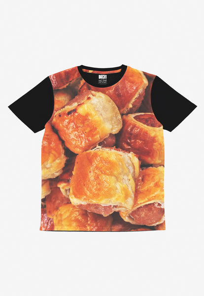 All over sausage roll photo print tshirt with black sleeves 