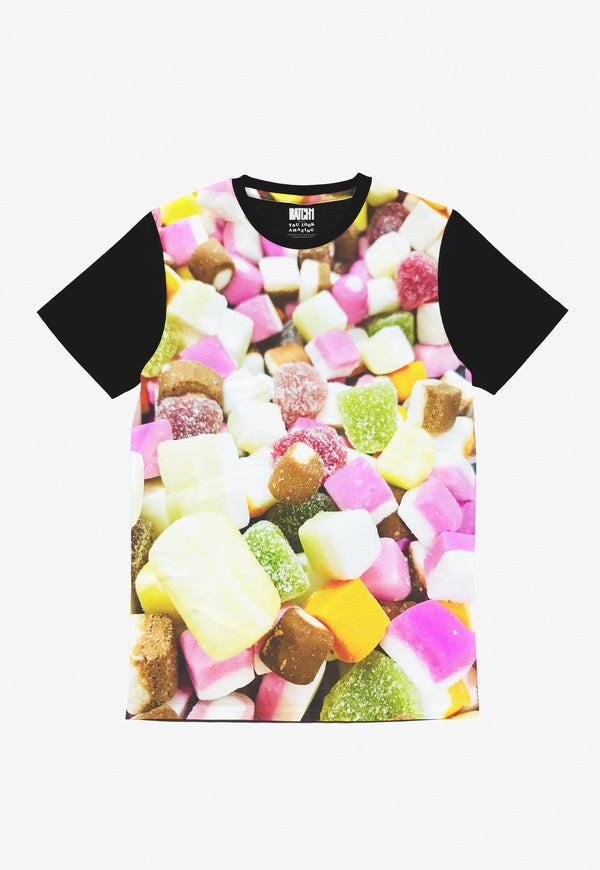 unisex t shirt with all over digital dolly mixture sweets candy print