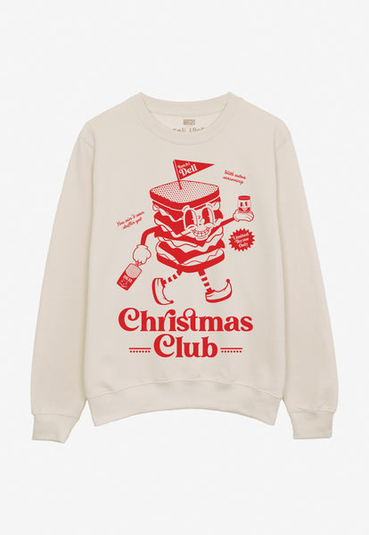 christmas jumper in cream with christmas club sandwich mascot and fun slogan in red print