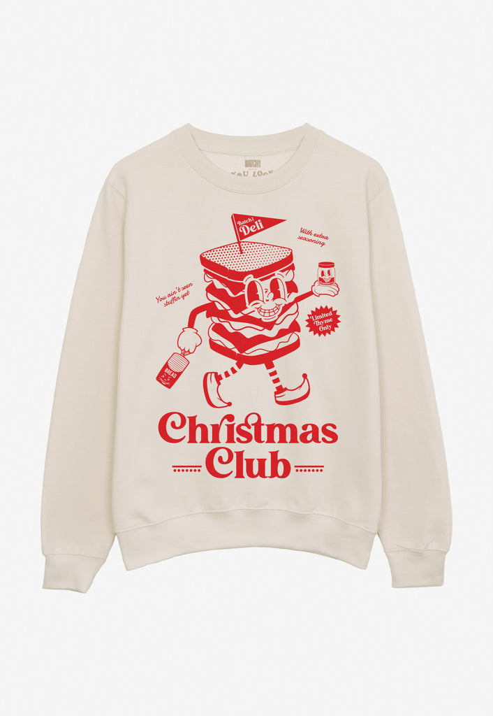 christmas jumper in cream with christmas club sandwich mascot and fun slogan in red print