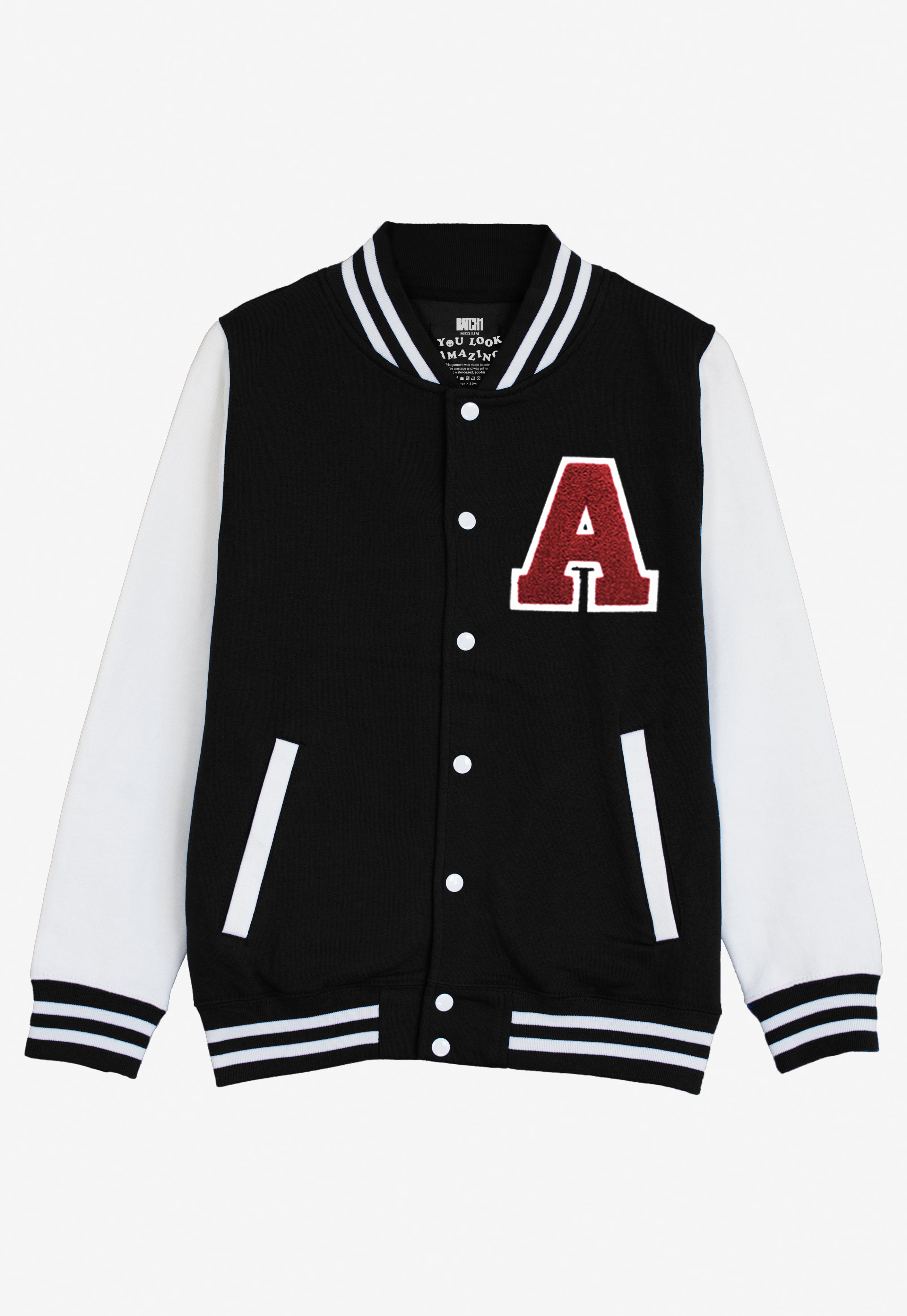 VARSITY BASEBALL JACKET UNISEX PERSONALISED WITH GENUINE US COLLEGE LETTER A