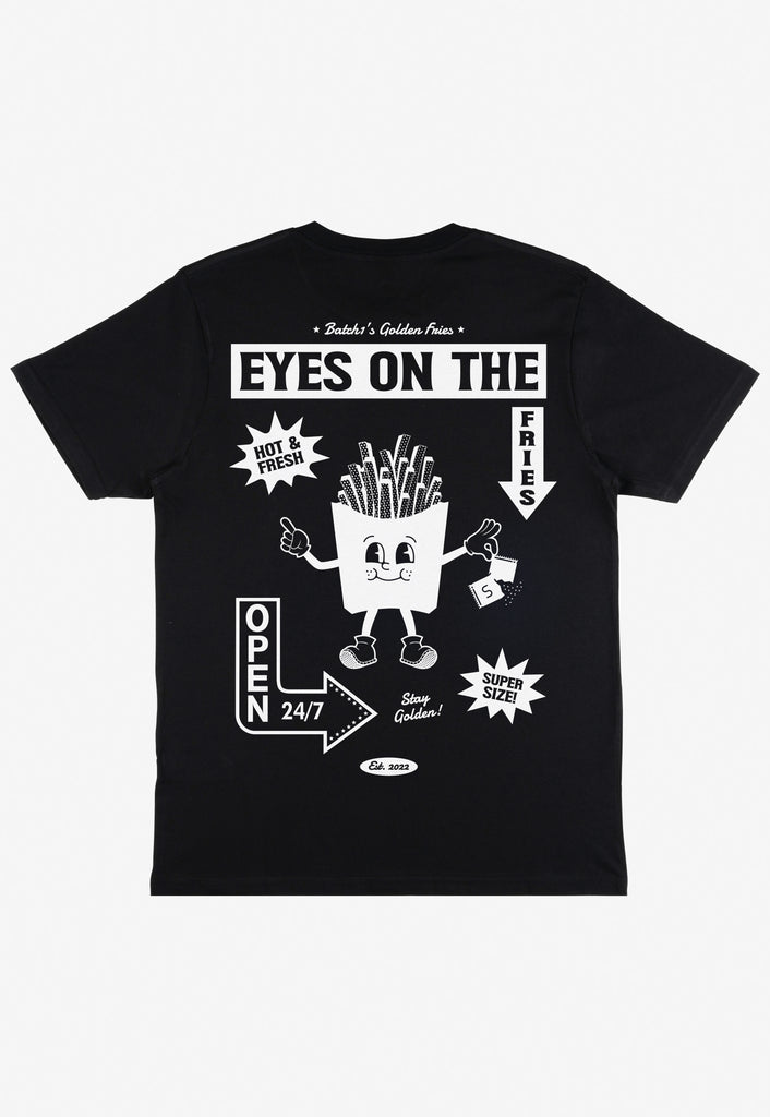 Batch1 black back print t-shirt with french fries retro graphic cartoon and fun chips slogan