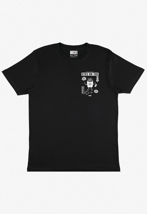 Batch1 black t-shirt with french fries vintage style character and chips slogan