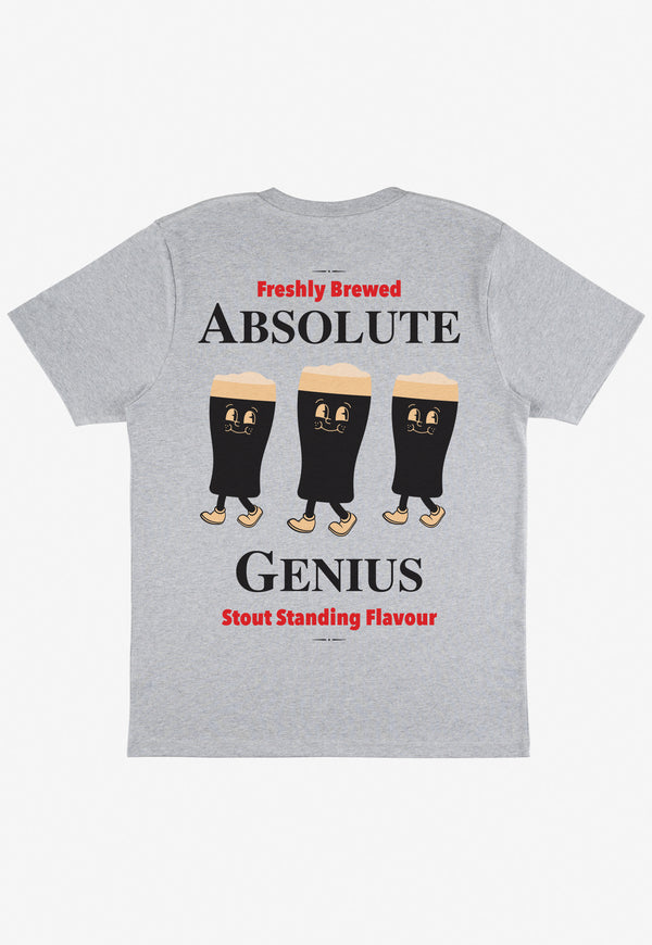 template image of back print grey t-shirt with fun beer stout character and slogan absolute genius