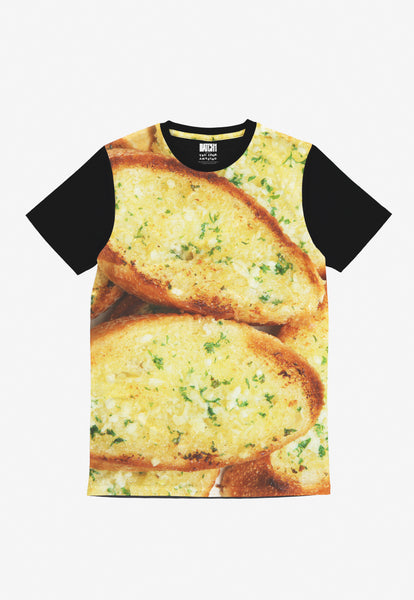 Garlic bread photo print tshirt with black sleeves