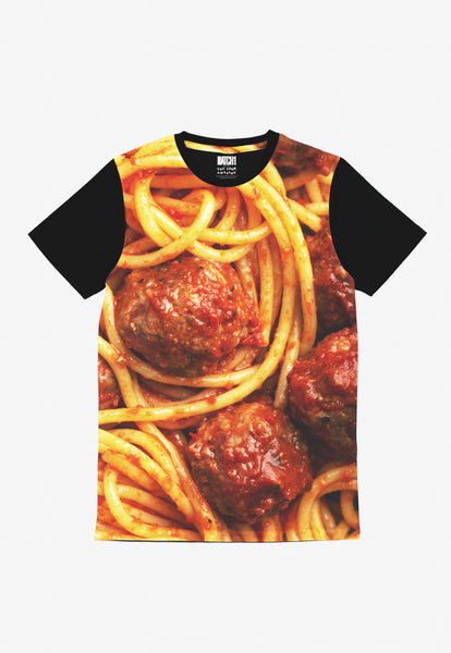 unisex fit t shirt with black sleeves and neckline and large all over digital photo print of spaghetti and meatballs 