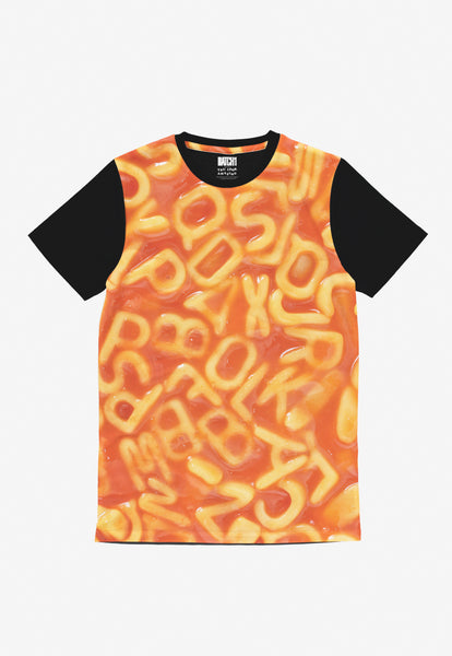 Printed t shirt with black sleeves and full body digital photo print of alphabet spaghetti shapes