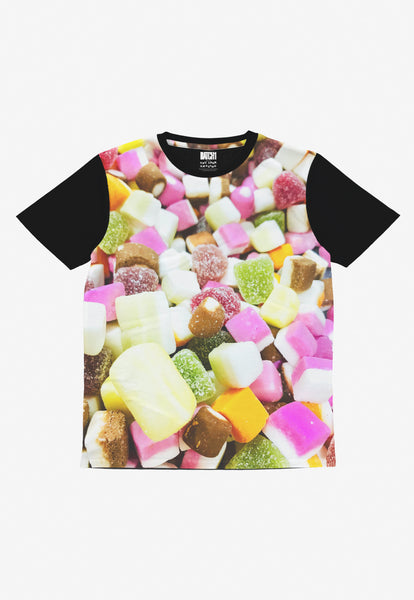 children's t shirt with all over digital dolly mixture sweets print