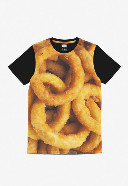 unisex t shirt with black sleeves and neckline and high impact digital onion rings photo print 