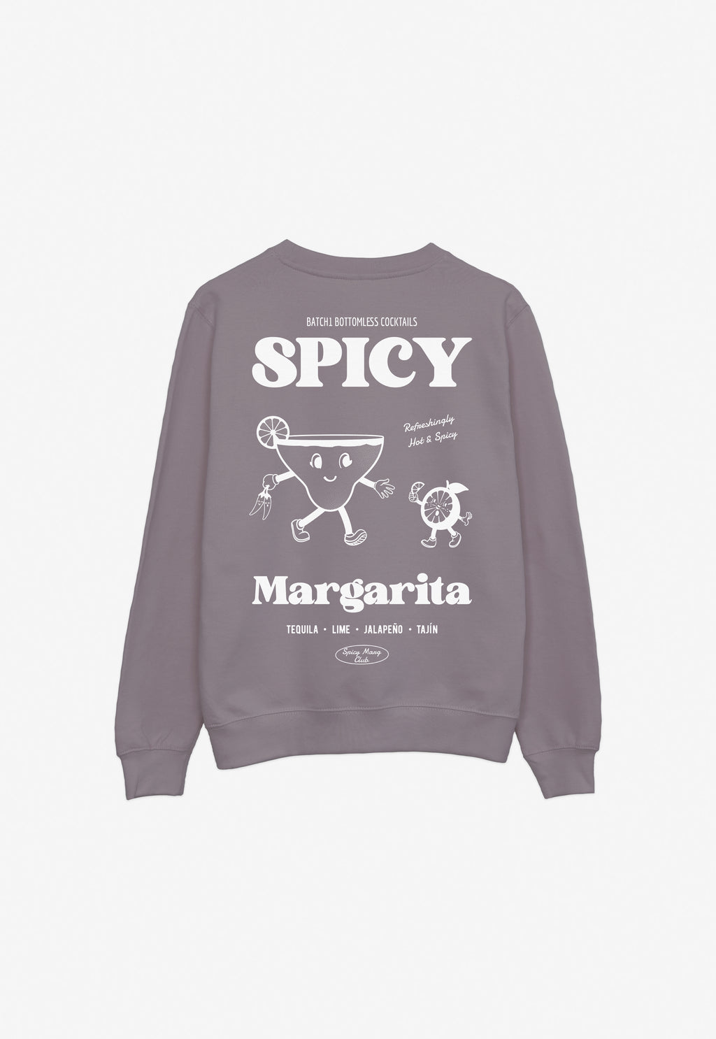 Back print purple sweatshirt with spicy margarita graphic print in white