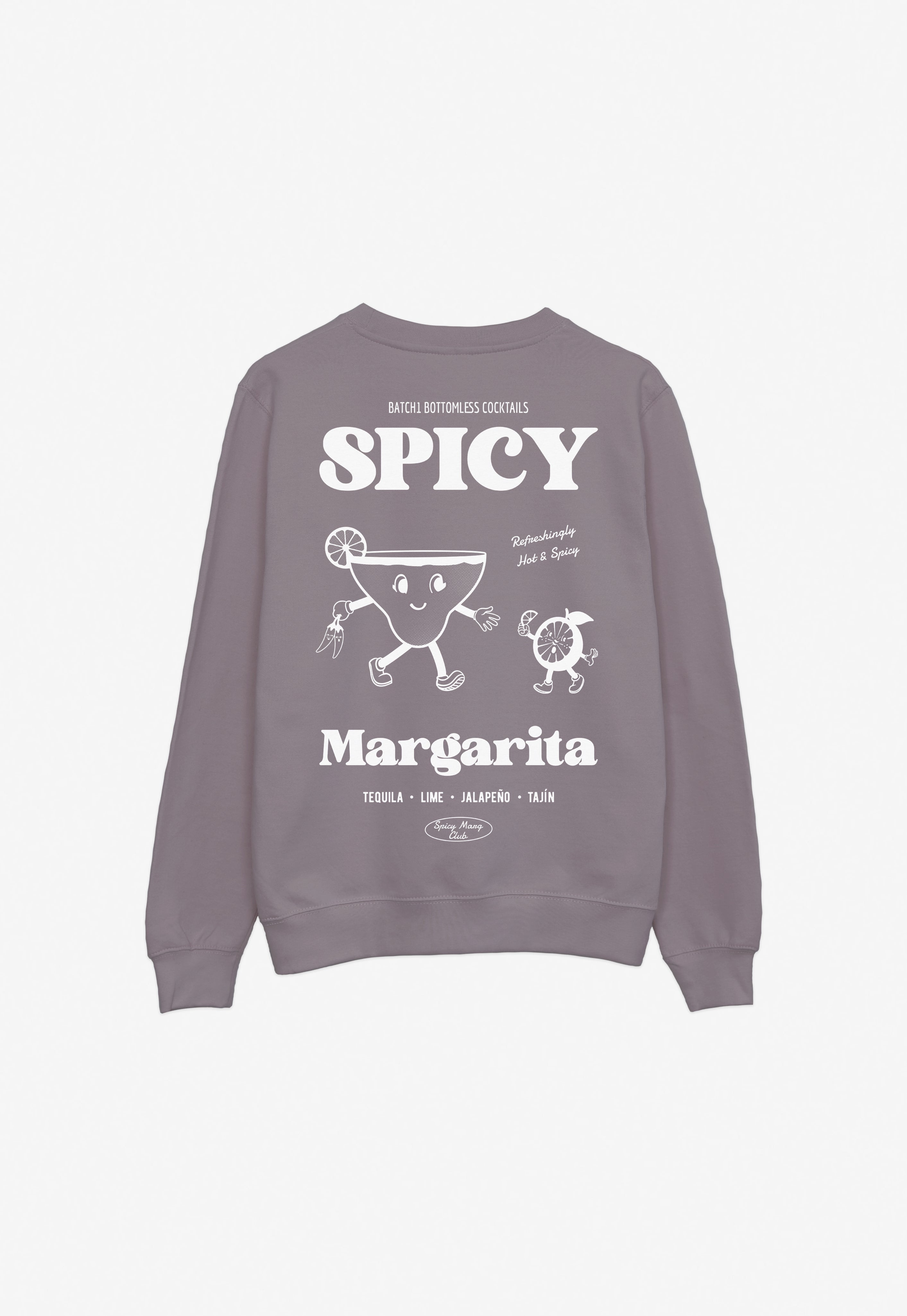 Back print purple sweatshirt with spicy margarita graphic print in white