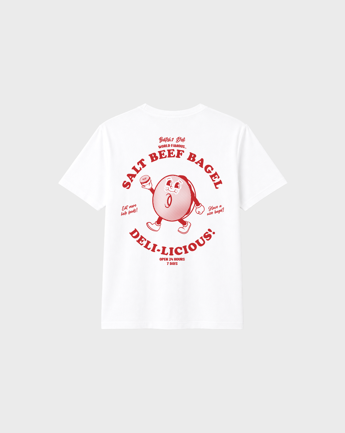 White Salt Beef Bagel T-shirt back flat lay with large red bagel character, Salt Beef Bagel lettering and deli slogans.