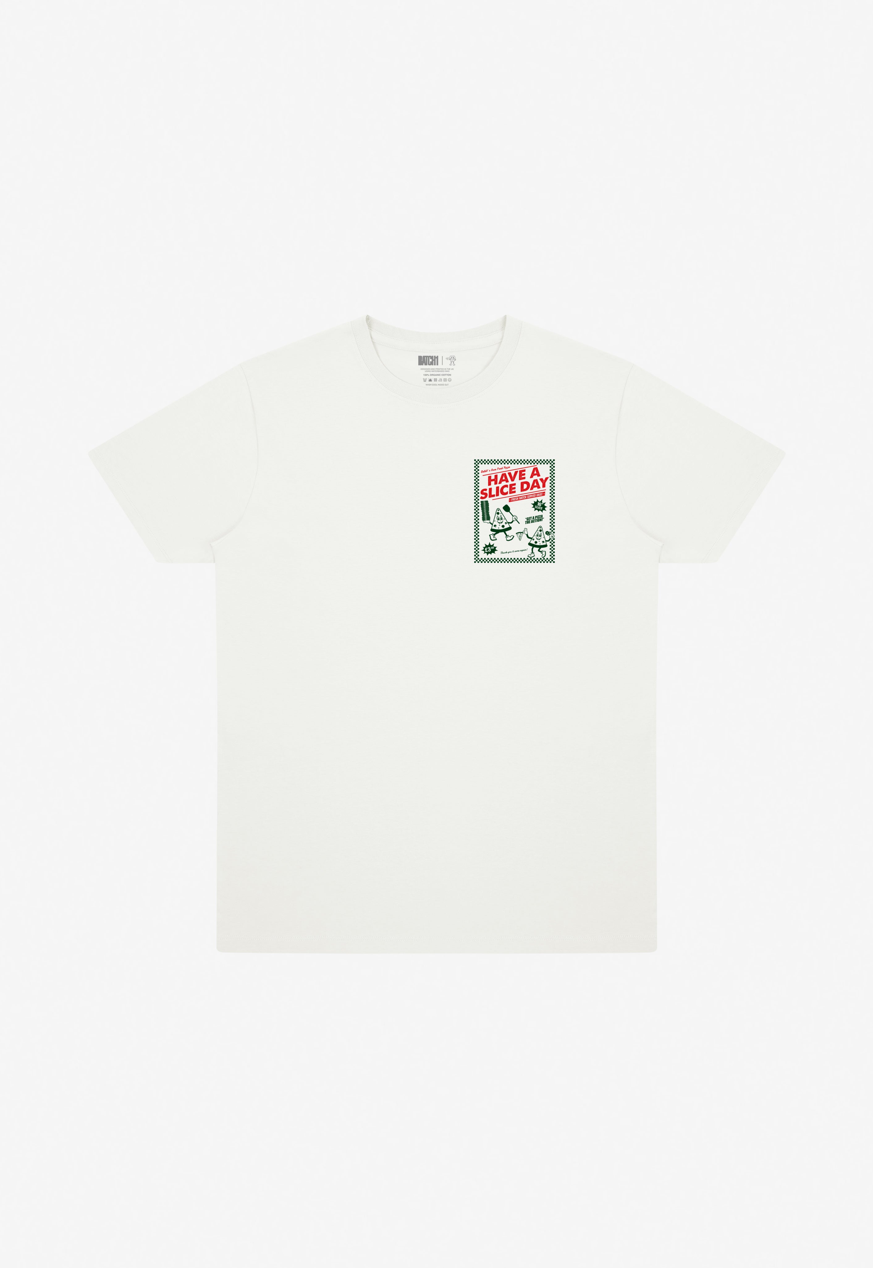Off White t-shirt with a pizza graphic design on a white background