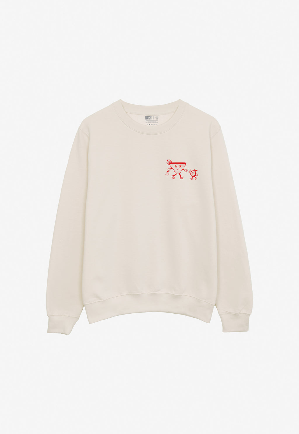 Beige sweatshirt with a red graphic on a white background