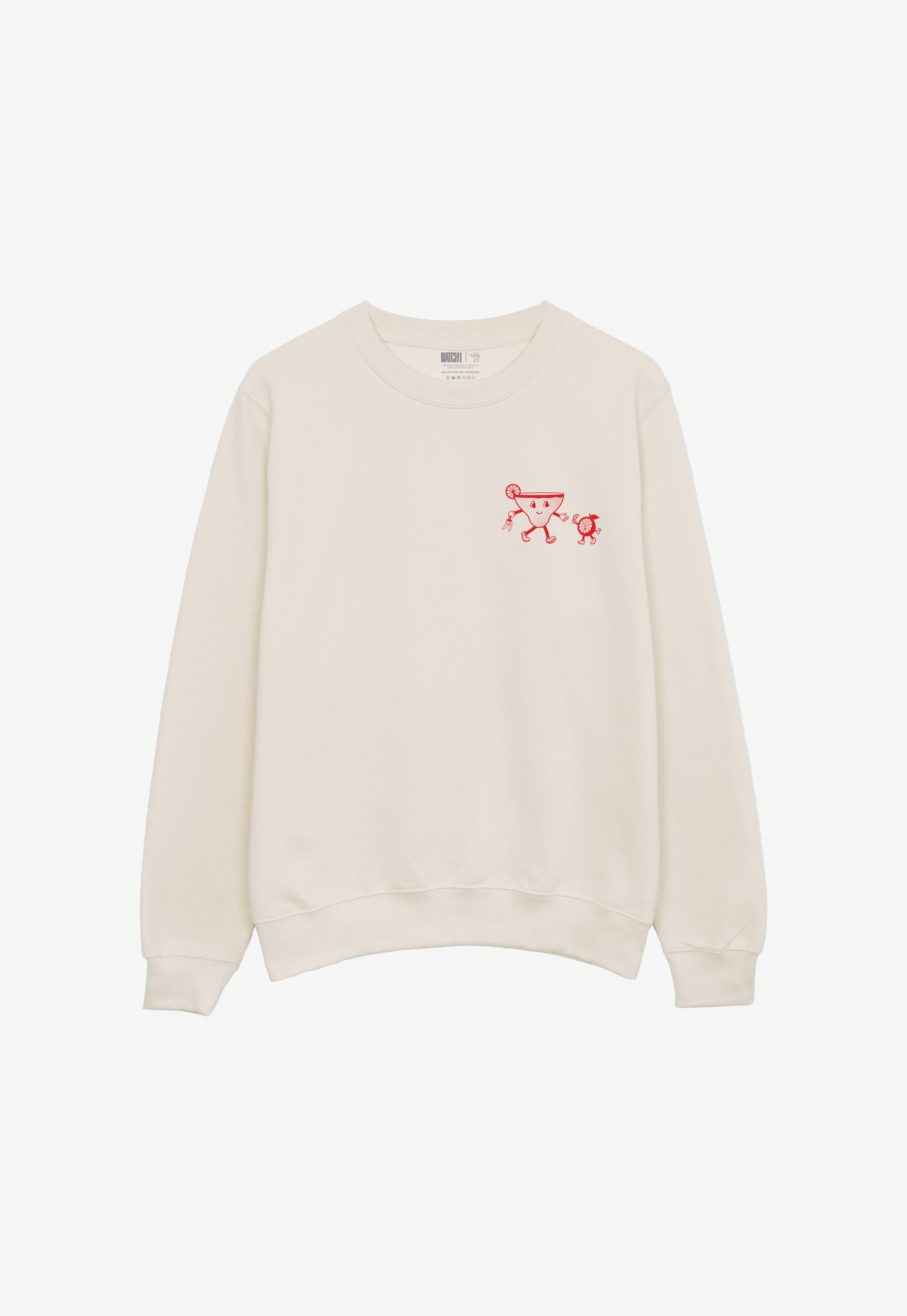 Beige sweatshirt with a red graphic on a white background