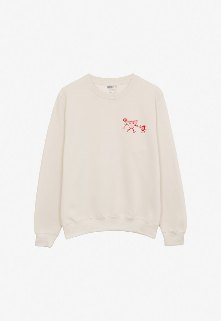Beige sweatshirt with a red graphic on a white background