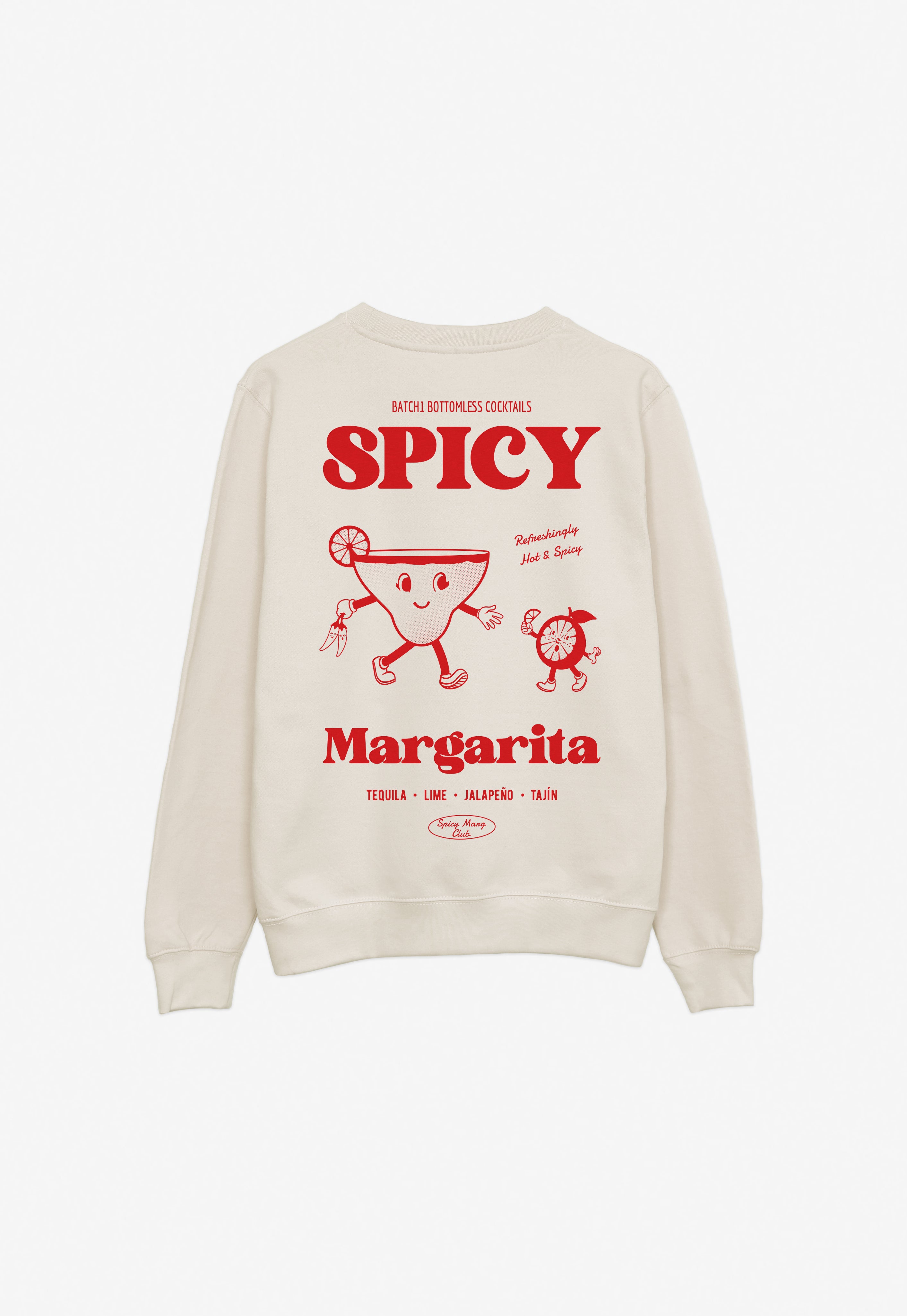 Beige sweatshirt with red 'Spicy Margarita' text and graphics on a white background
