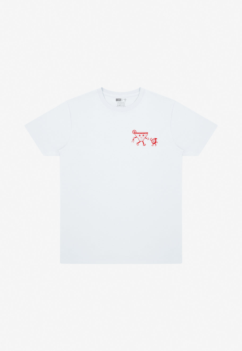 White t-shirt with a red spicy margarita print on left chest