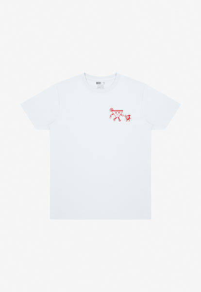 White t-shirt with a red logo on a white background