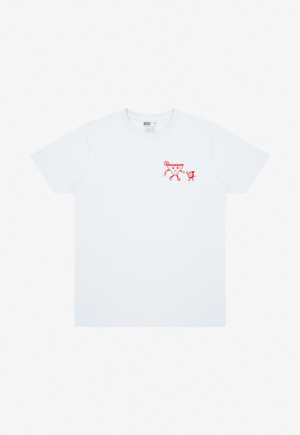 White t-shirt with a red logo on a white background