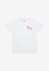White t-shirt with a red logo on a white background