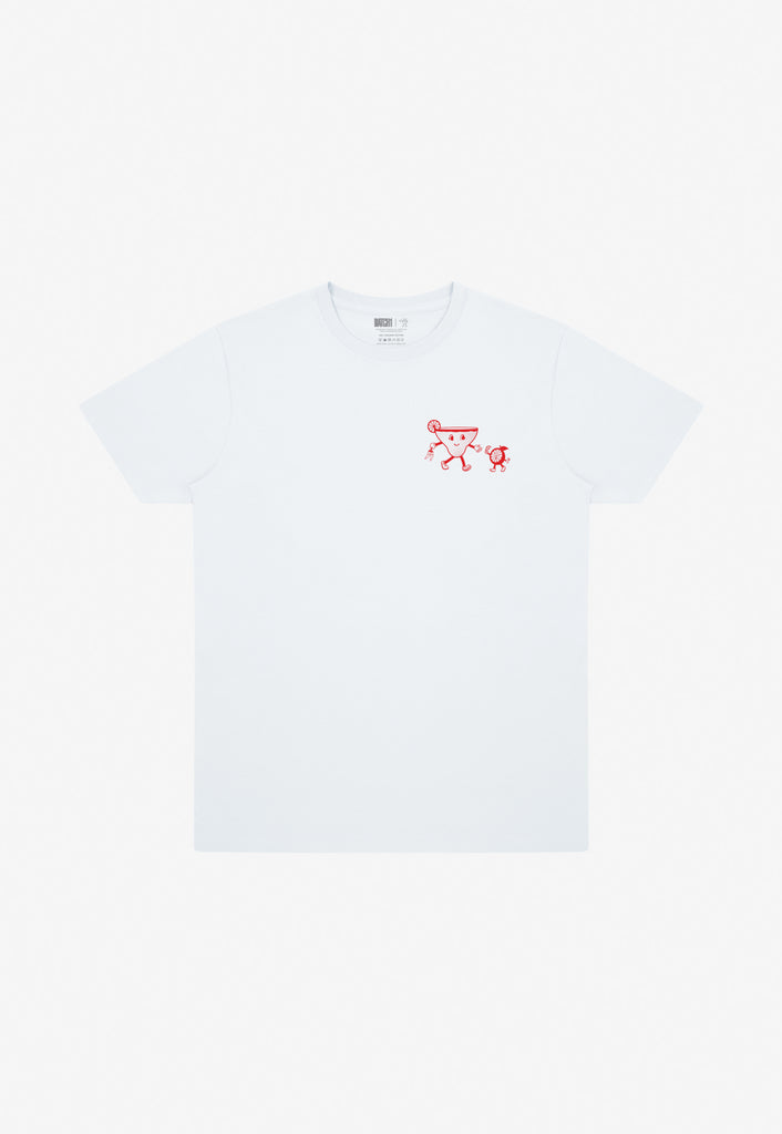 White t-shirt with a red logo on a white background