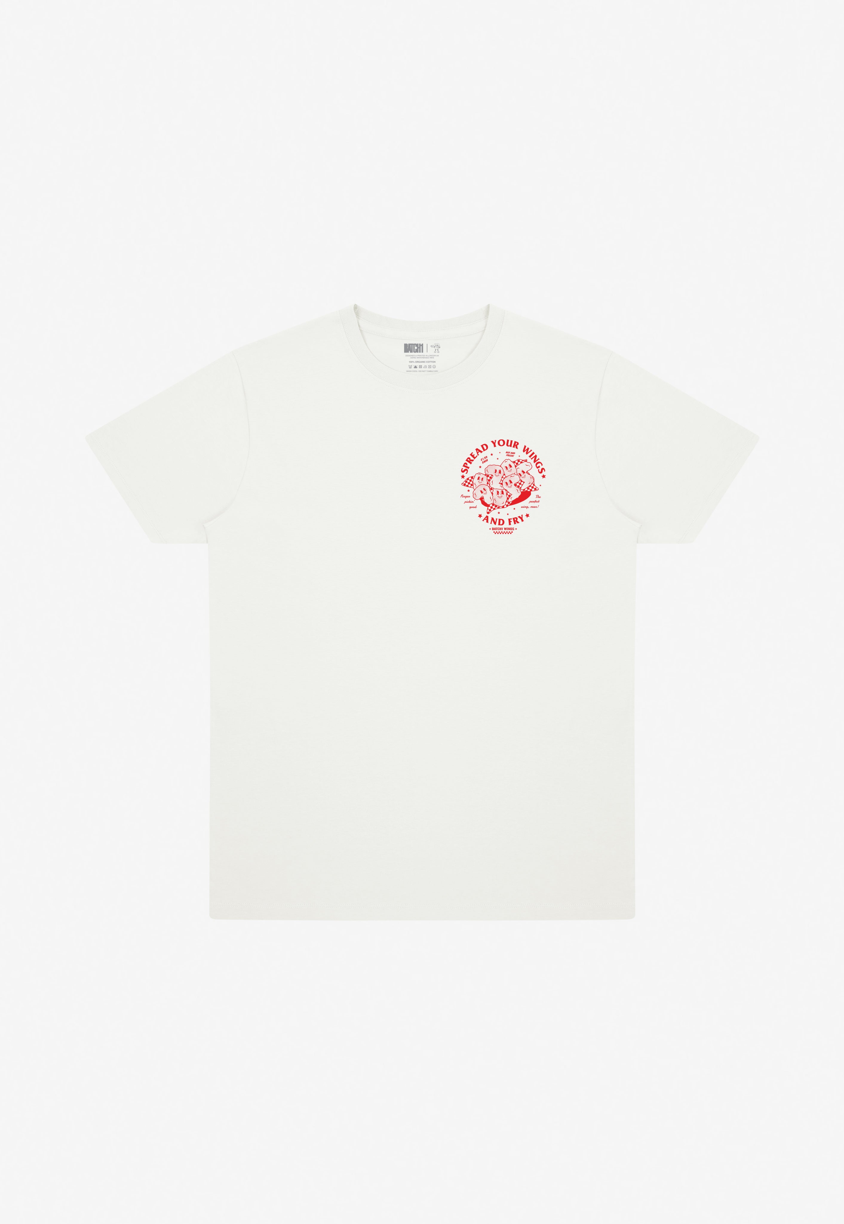 chicken wings graphic t-shirt in red on a off white t-shirt 