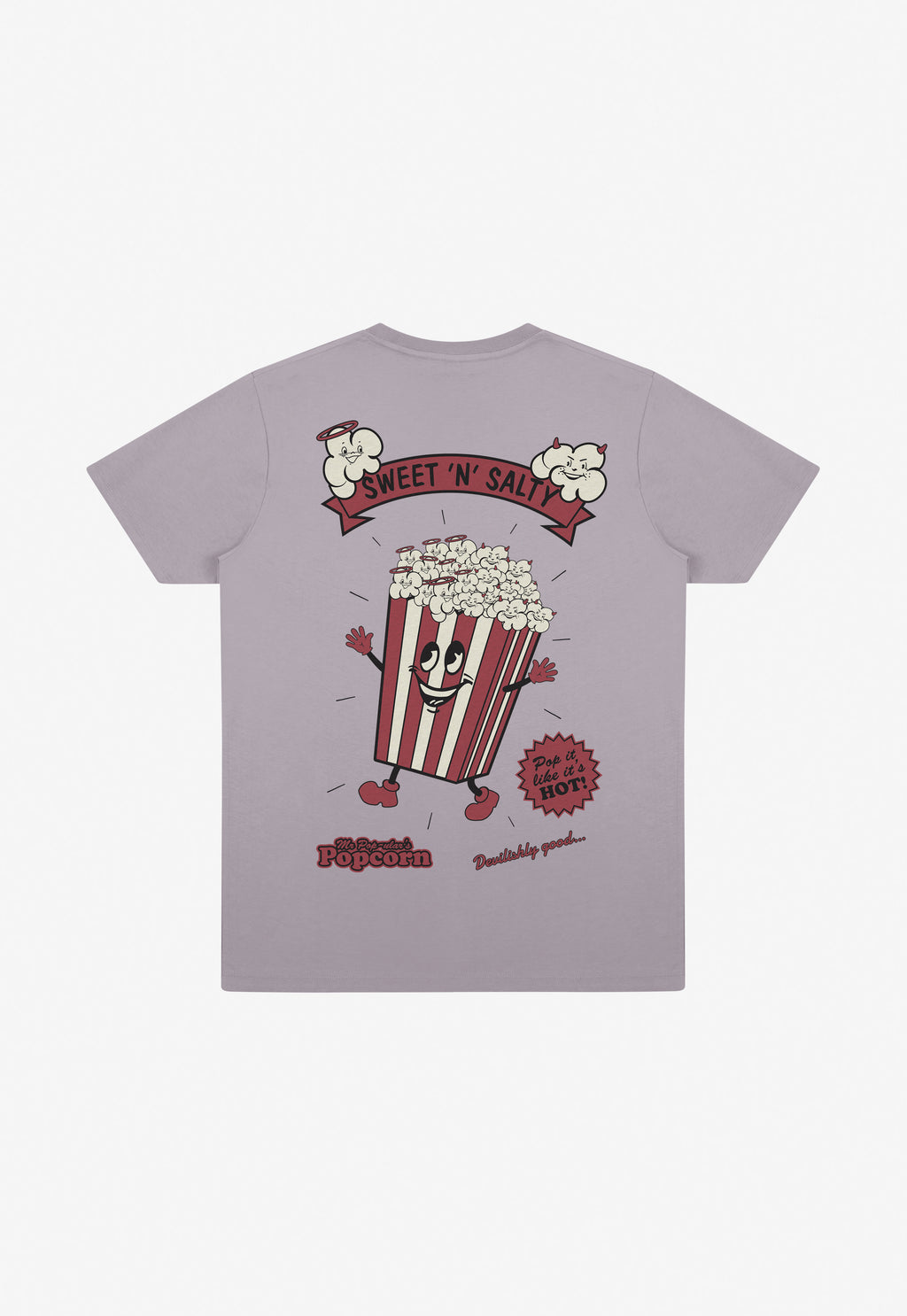 Light purple t-shirt with a cartoon popcorn character and 'Sweet N' Salty Popcorn' text on a white background