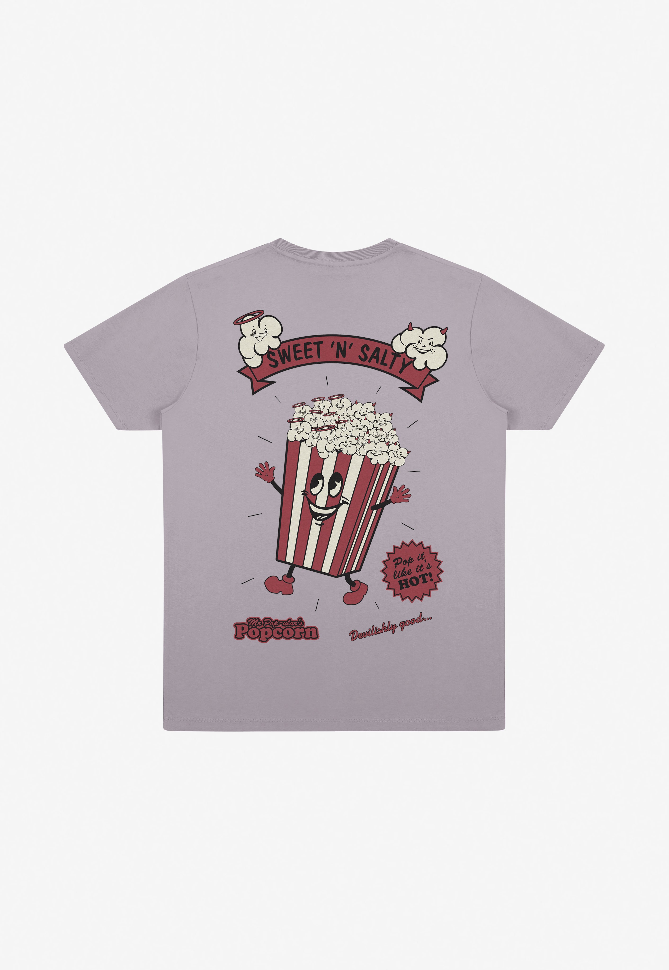 Light purple t-shirt with a cartoon popcorn character and 'Sweet N' Salty Popcorn' text on a white background