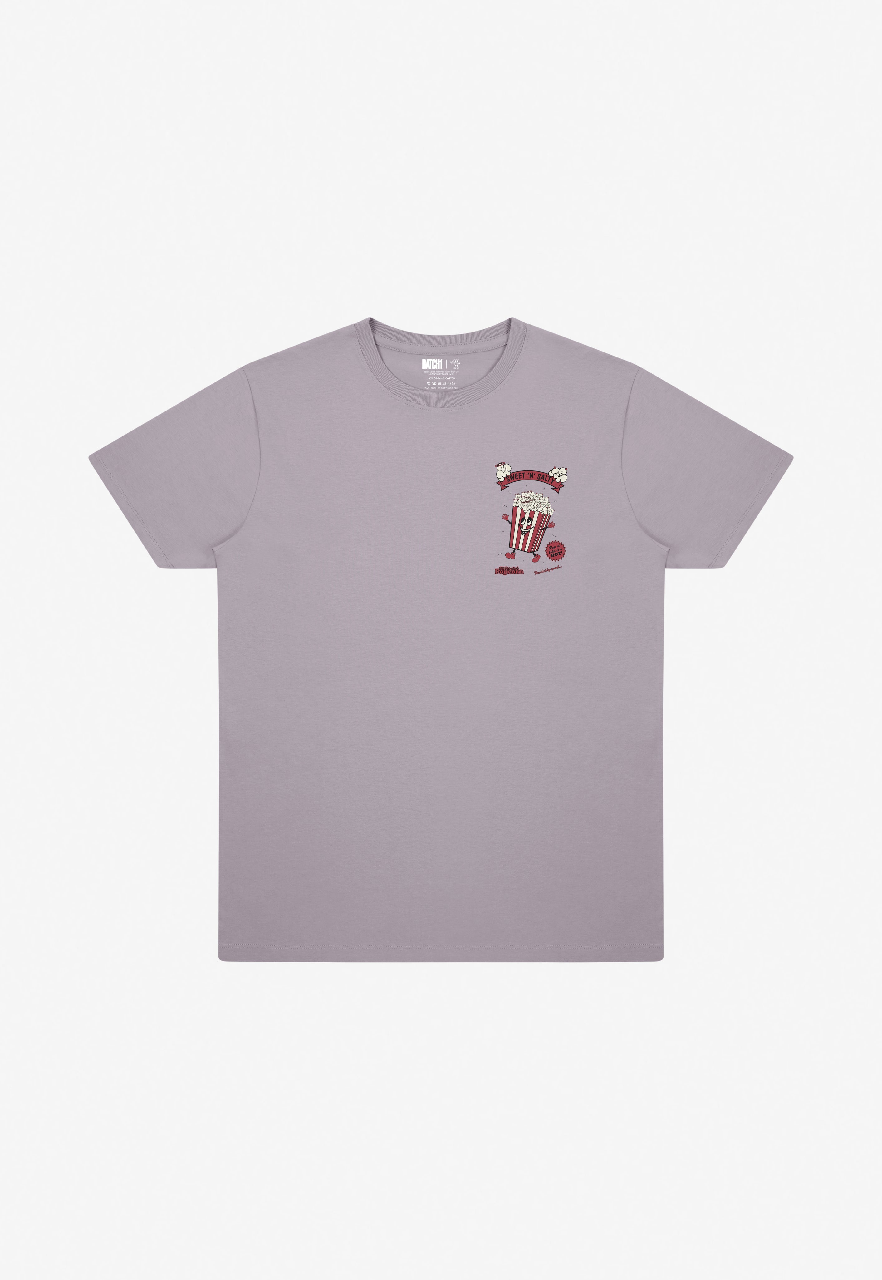 Dusty purple t-shirt with popcorn graphic on left chest 